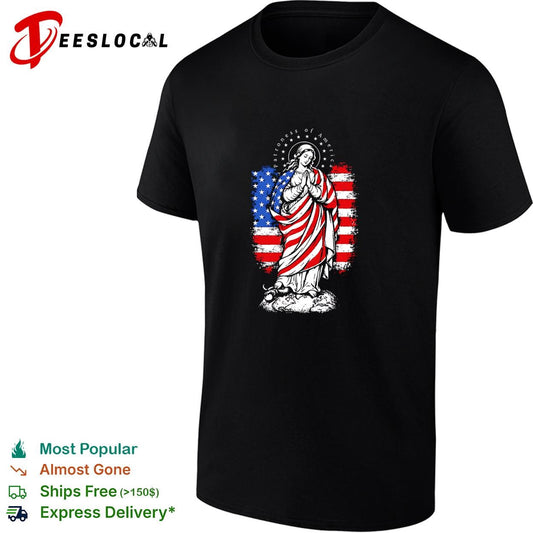 Virgin Mary praying wrapped in American flag patriotic religious graphic shirt