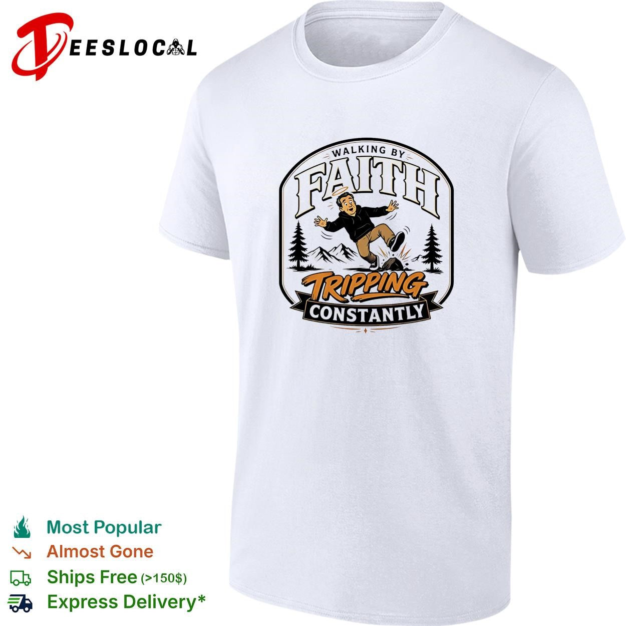 Walking by faith tripping constantly man falling over rock nature scene funny shirt