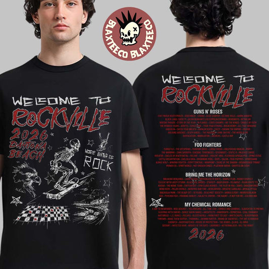 Welcome To Rockville 2026 Festival Merch Daytona Beach Florida Rockville Doodle Skating Skeleton With Lineup T-Shirt