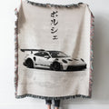 White Porsche 911 GT3RS Woven Tapestry Throw Blanket with Fringe