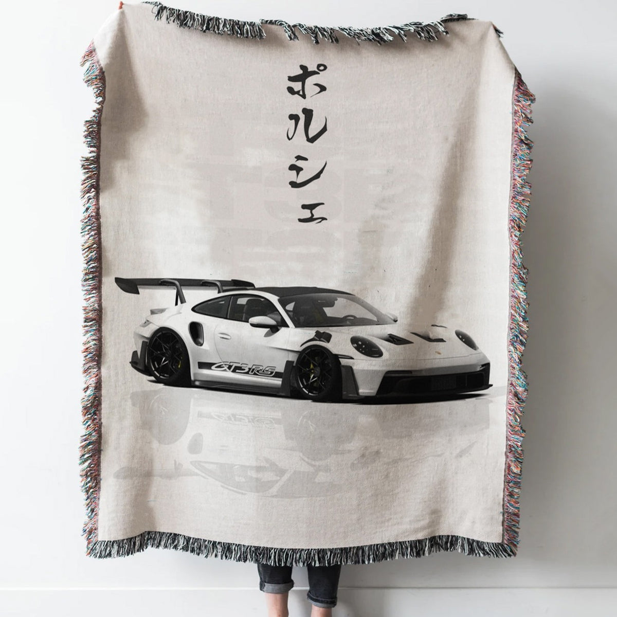 White Porsche 911 GT3RS Woven Tapestry Throw Blanket with Fringe