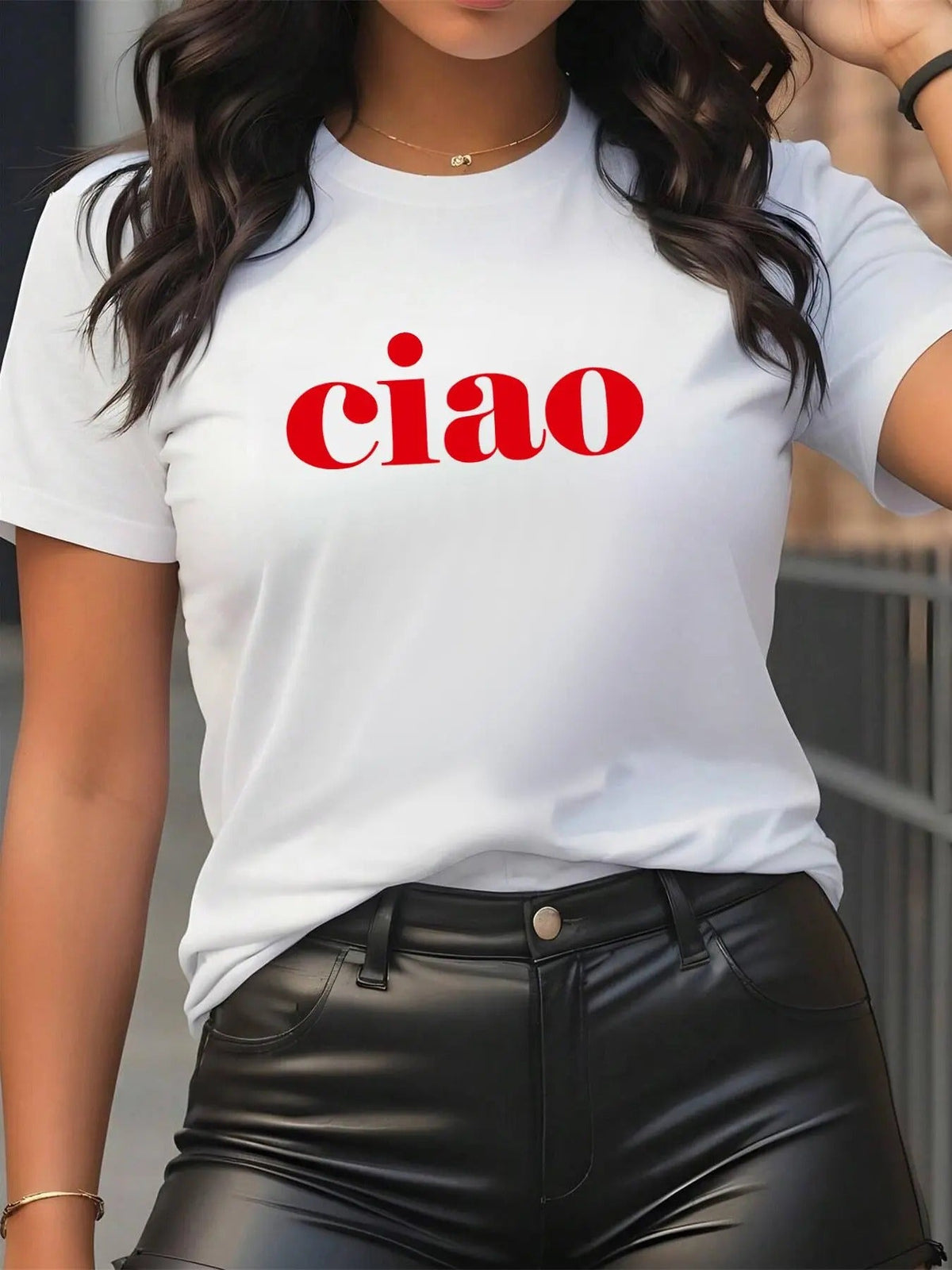 "Ciao" Letter Print Round Neck Casual Short Sleeve Crew Neck Daily Clothes All Seasons T-Shirts