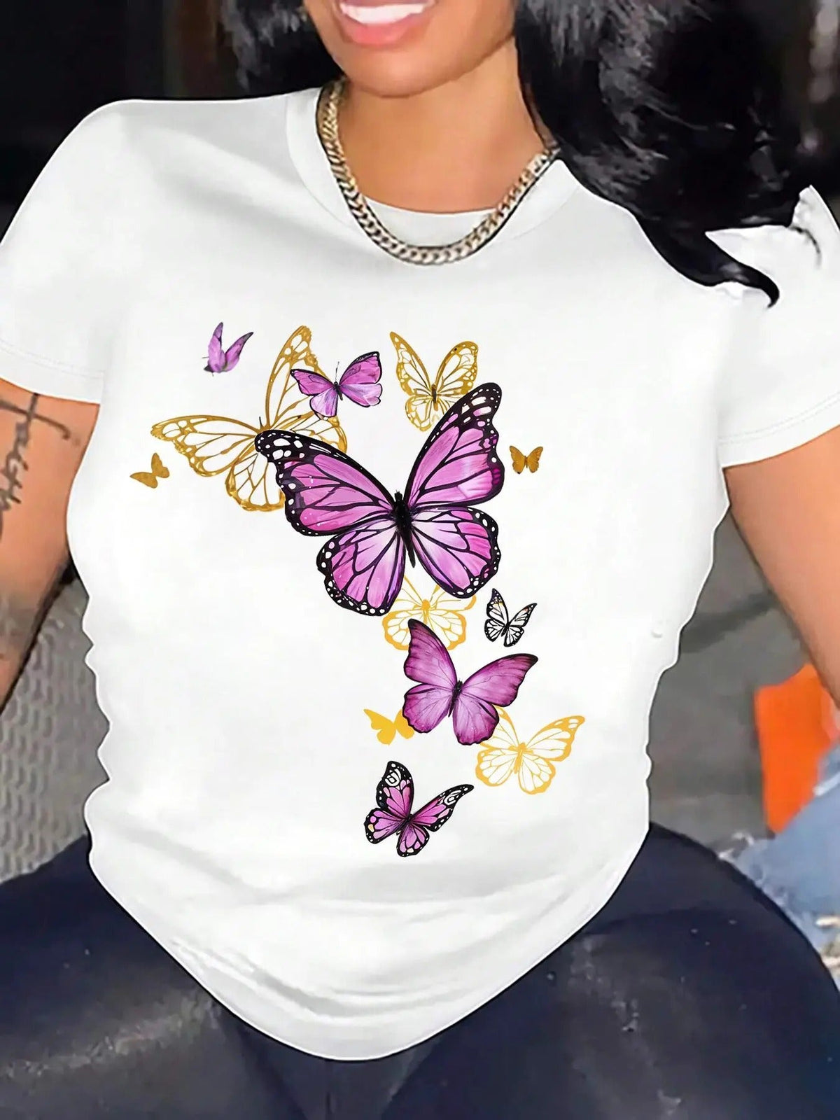 Butterfly Print Round Neck Casual Crew Neck Daily Vacation Outdoor Clothes Summer T-Shirts