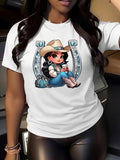 Cartoon Cowgirl Print Round Neck Casual Crew Neck Short Sleeve Daily Vacation Outdoor Clothes All Seasons T-Shirts