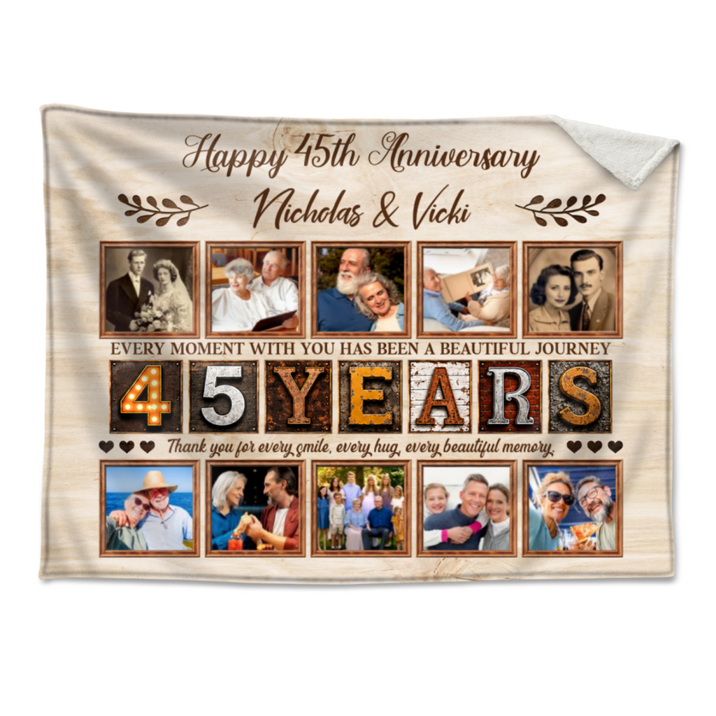 Personalized 45th Anniversary Photo Collage Blanket, Custom 45 Years Together Gift, Wedding Anniversary Blanket, Couple Memory Keepsake
