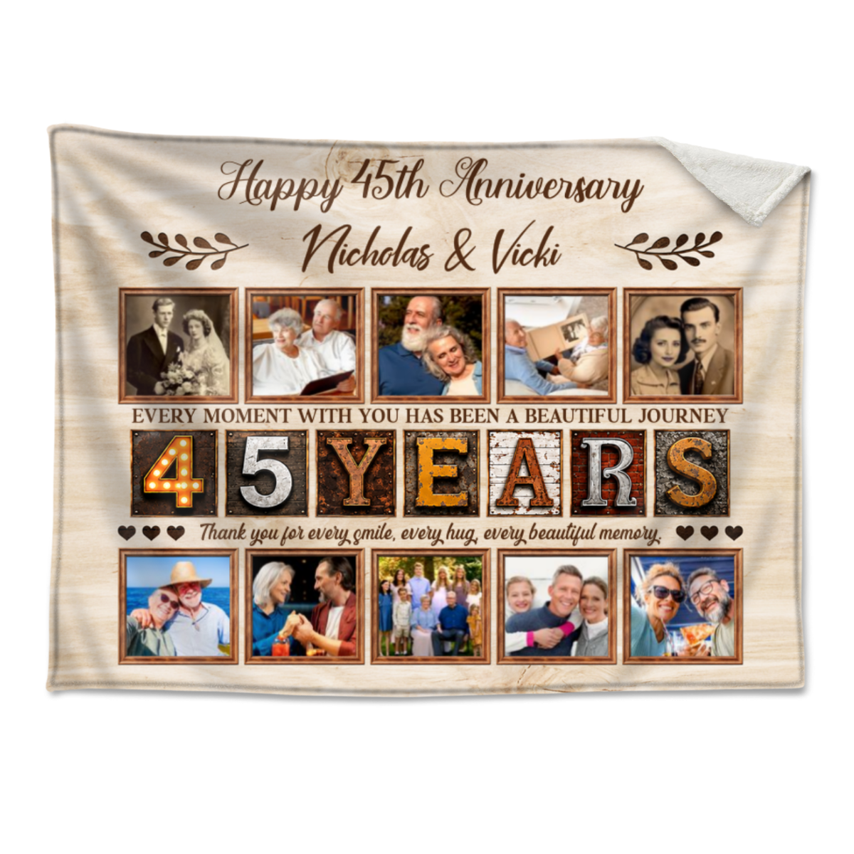 Personalized 45th Anniversary Photo Collage Blanket, Custom 45 Years Together Gift, Wedding Anniversary Blanket, Couple Memory Keepsake