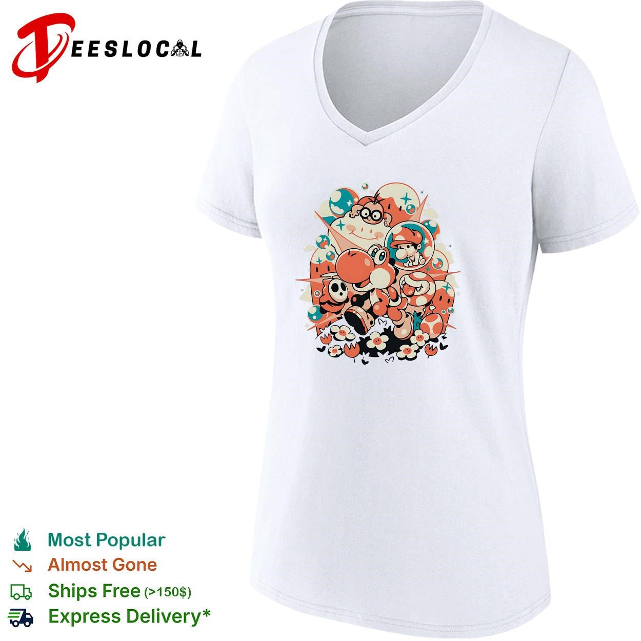 Yoshi and friends Nintendo Mario characters cartoon colorful graphic shirt