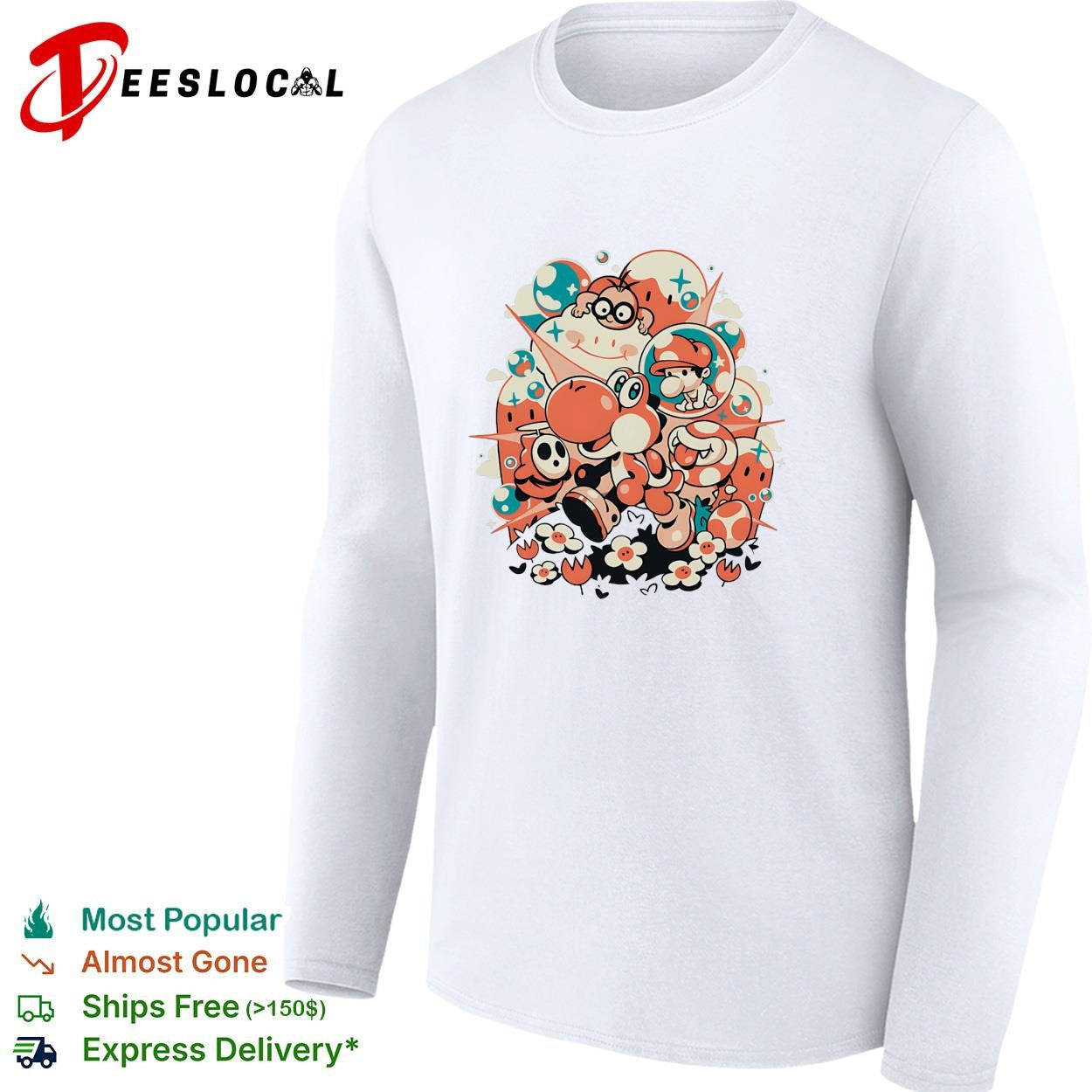 Yoshi and friends Nintendo Mario characters cartoon colorful graphic shirt