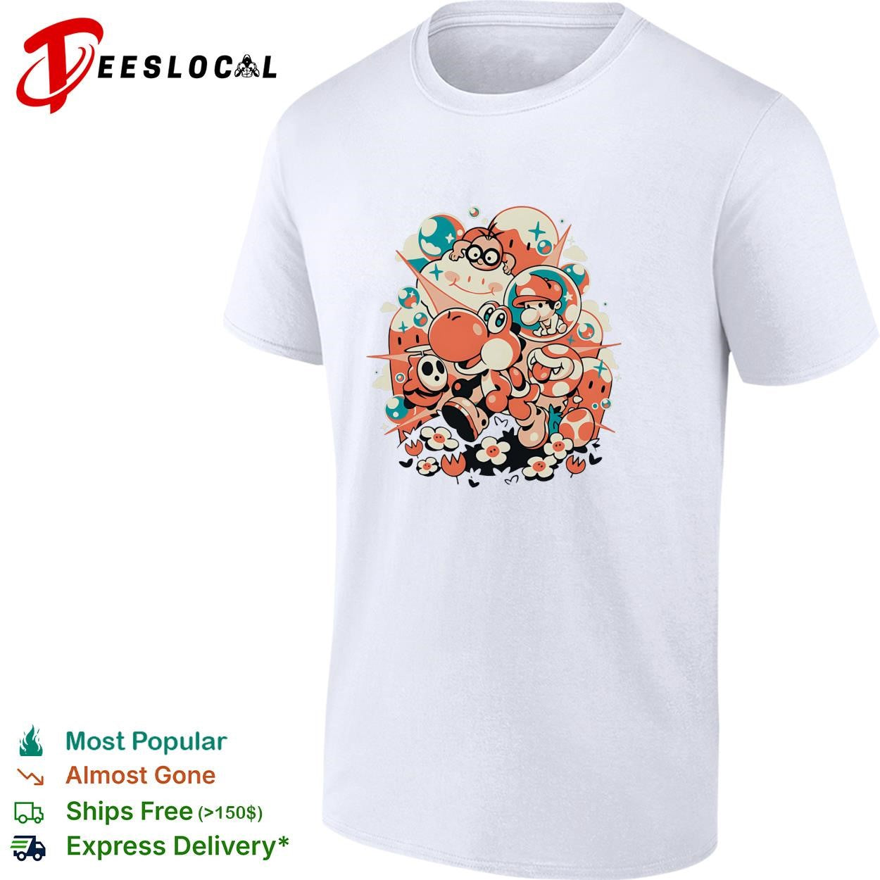 Yoshi and friends Nintendo Mario characters cartoon colorful graphic shirt