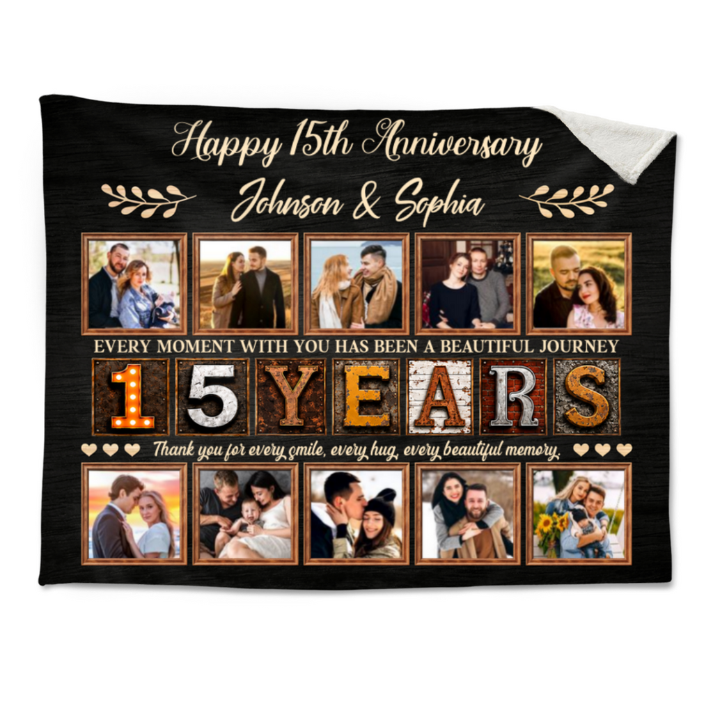 Personalized 15th Anniversary Photo Collage Blanket, Custom 15 Years Together Gift, 15th Wedding Anniversary Blanket, Couple Memory Keepsake