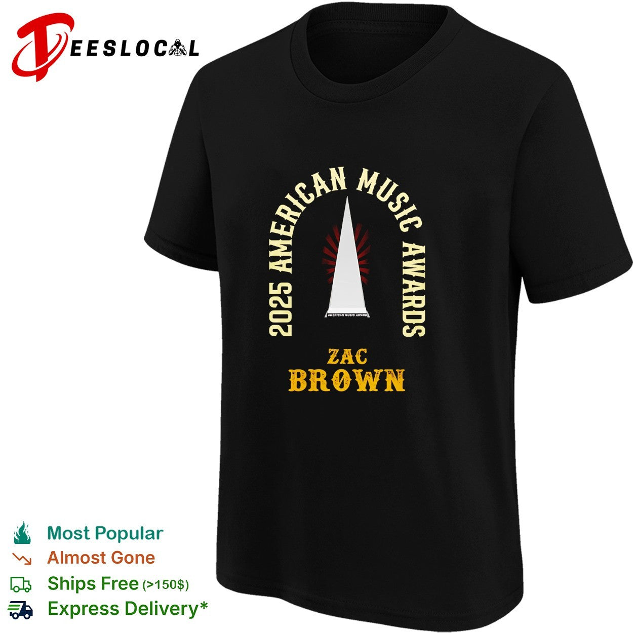 Zac Brown 2025 American Music Awards trophy black and gold typography shirt