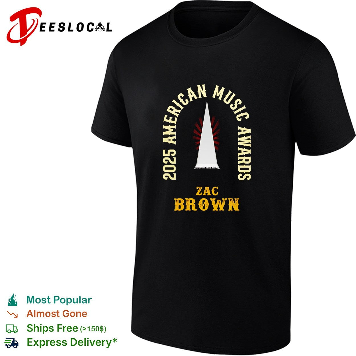Zac Brown 2025 American Music Awards trophy black and gold typography shirt