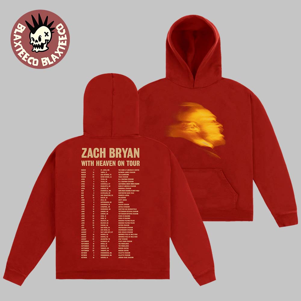 Zach Bryan With Heaven On Top Tour 2026 Merch With Dates Back Red Hoodie