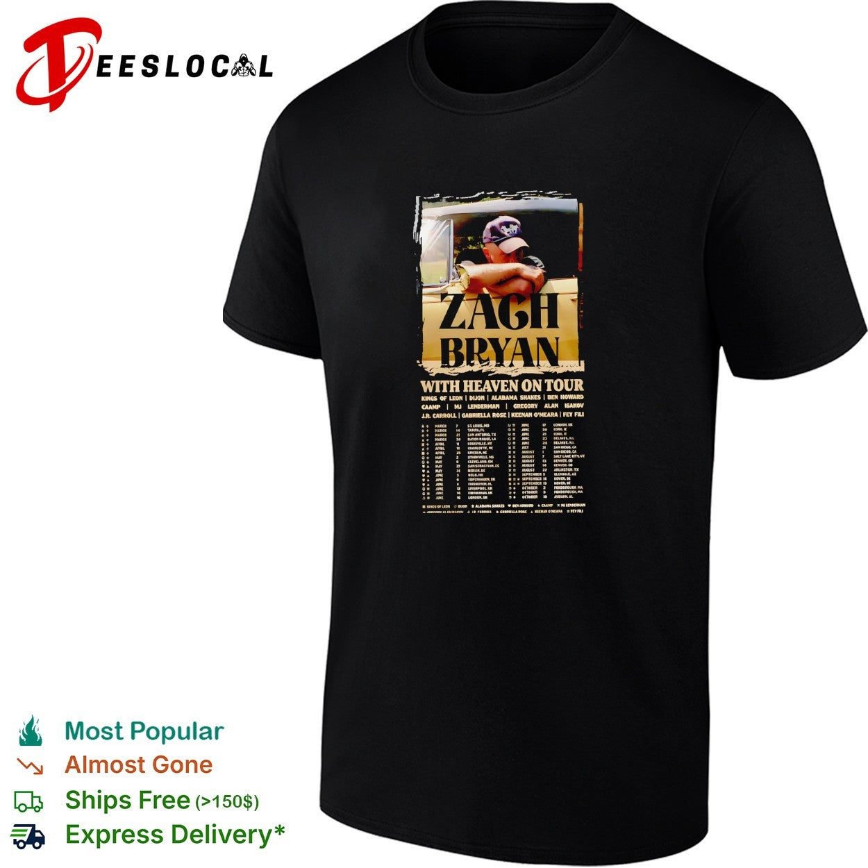 Zach Bryan with Heaven on Tour 2026 concert tour dates list poster shirt