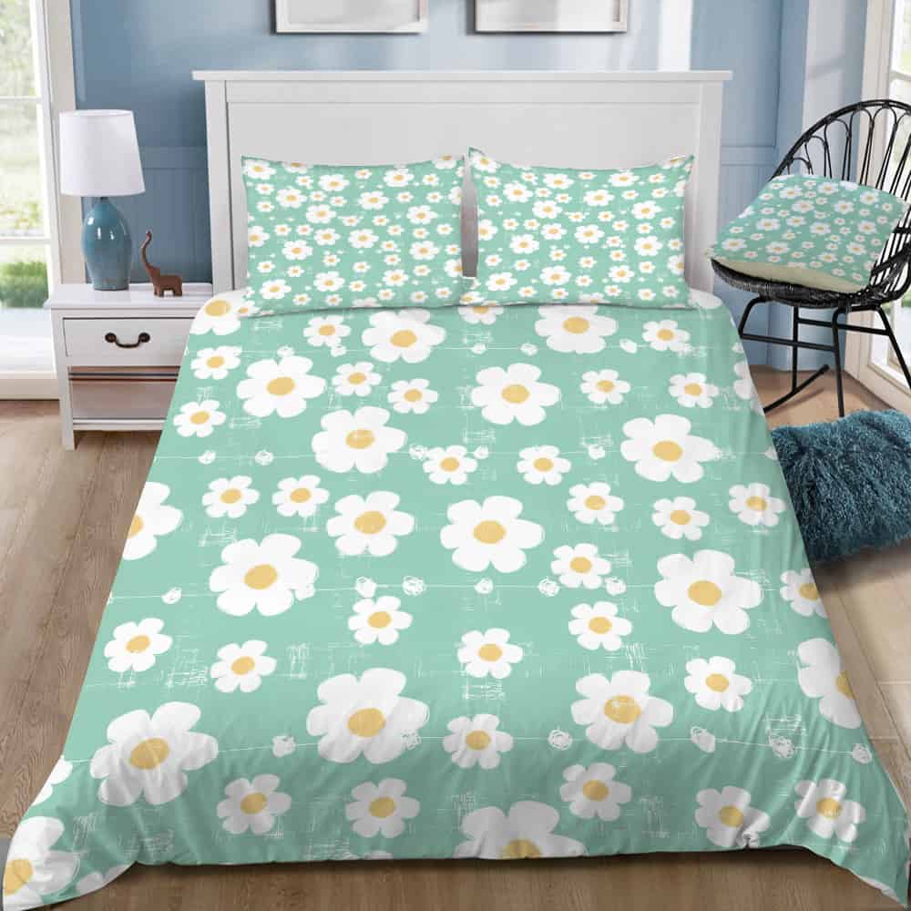 Aqua Daisy Bedding Set (Duvet Cover & Pillow Shams)