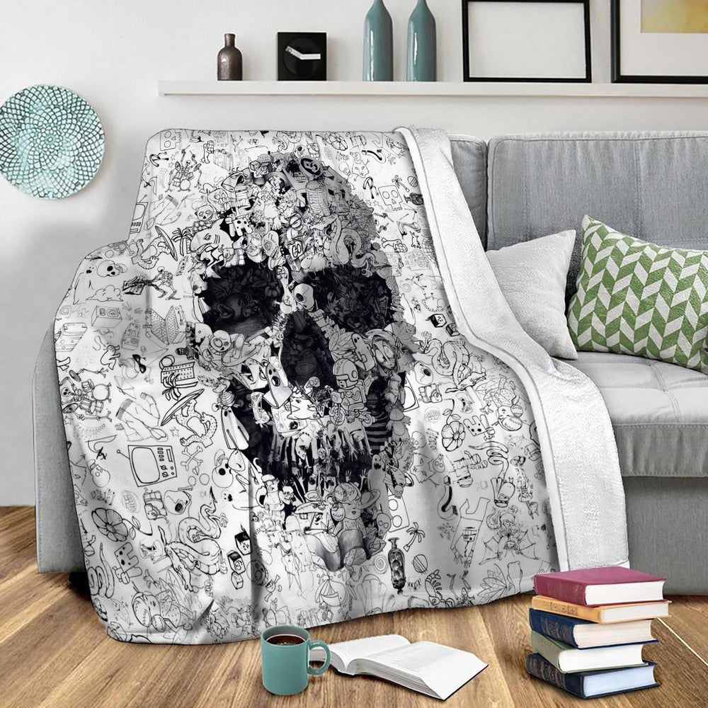 Doodle Skull Bw Fleece Throw Blanket