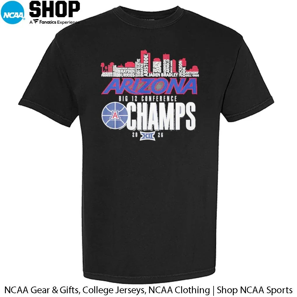Arizona Wildcats Basketball Skyline City Players Names Illinois 2026 Big 12 Champs T-Shirt