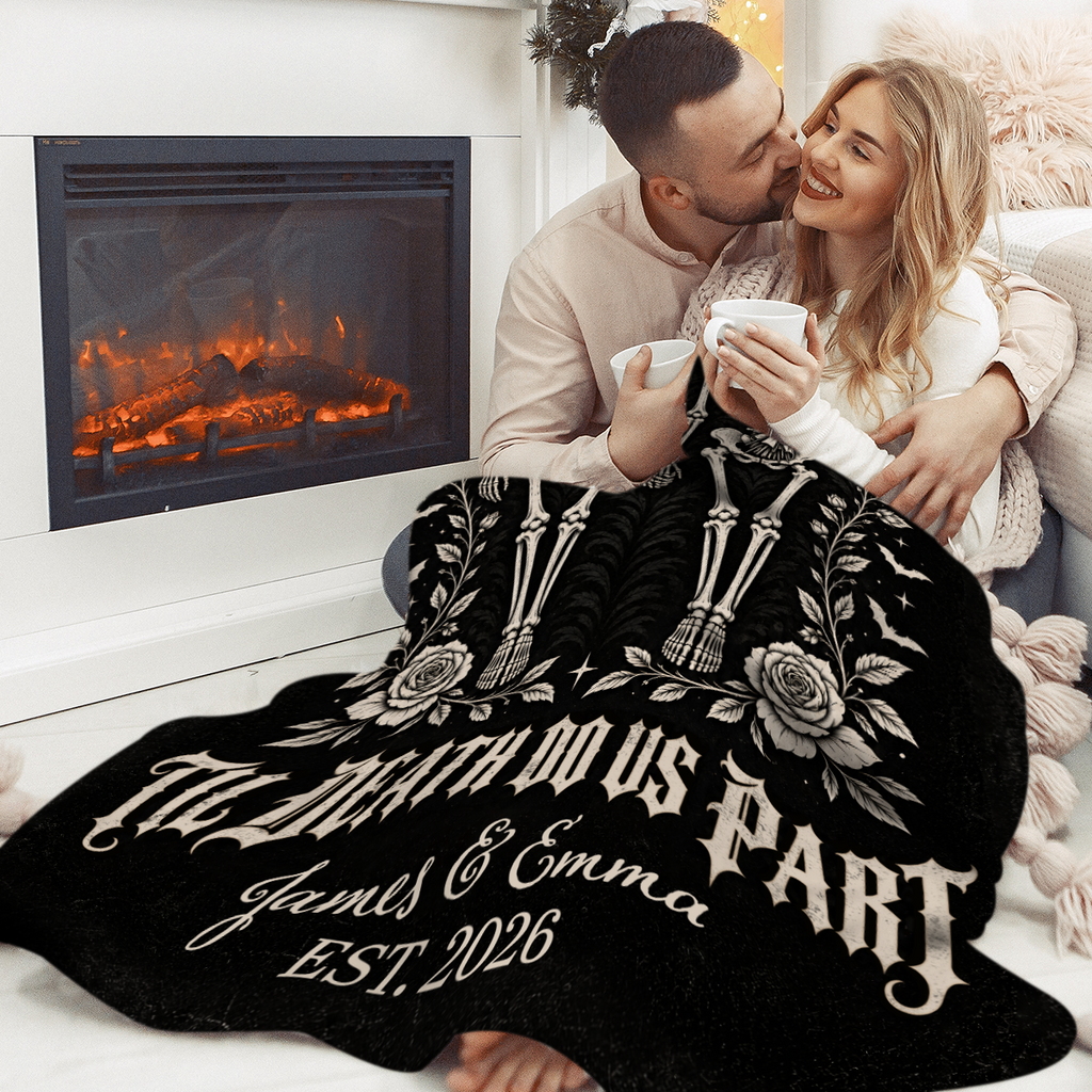 Til Death Do Us Part Skeleton Couple Blanket – Gothic Wedding Personalized Throw, Dark Romantic Gift for Couple