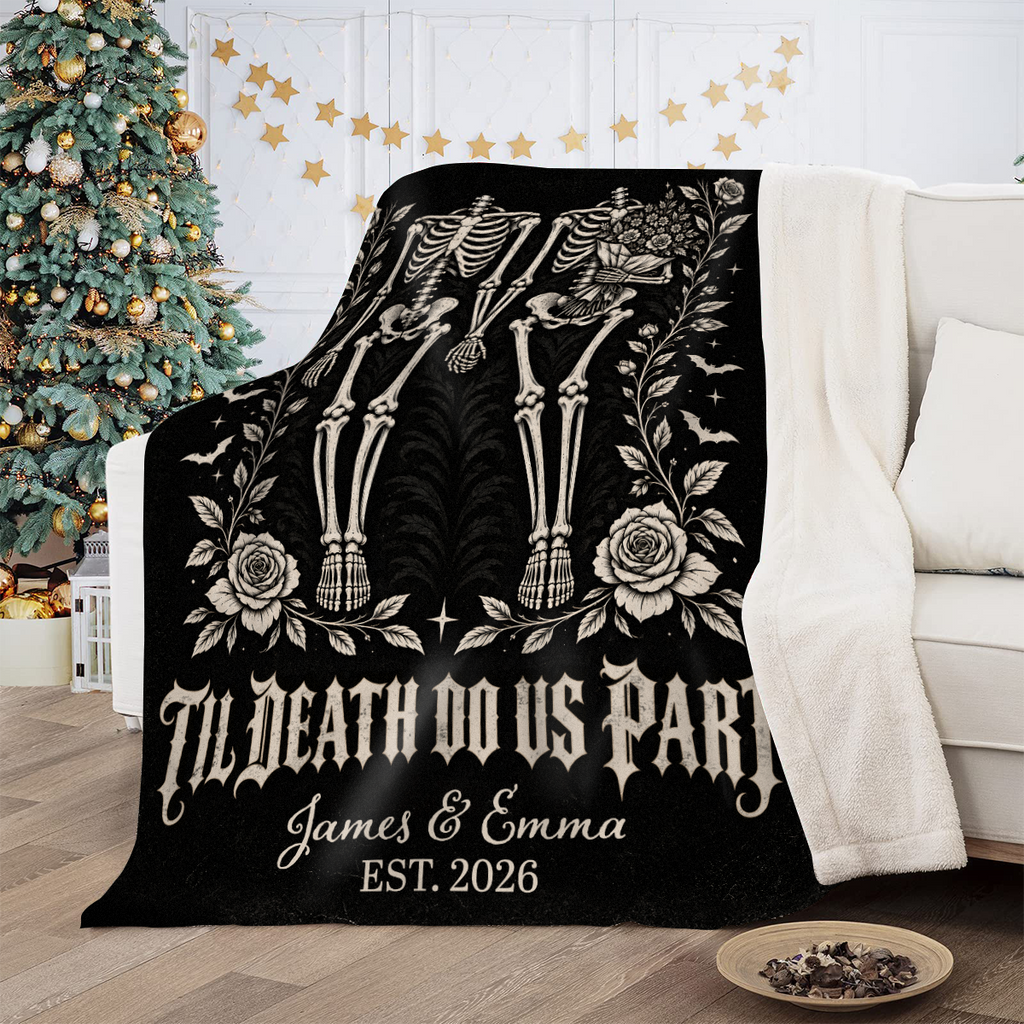 Til Death Do Us Part Skeleton Couple Blanket – Gothic Wedding Personalized Throw, Dark Romantic Gift for Couple