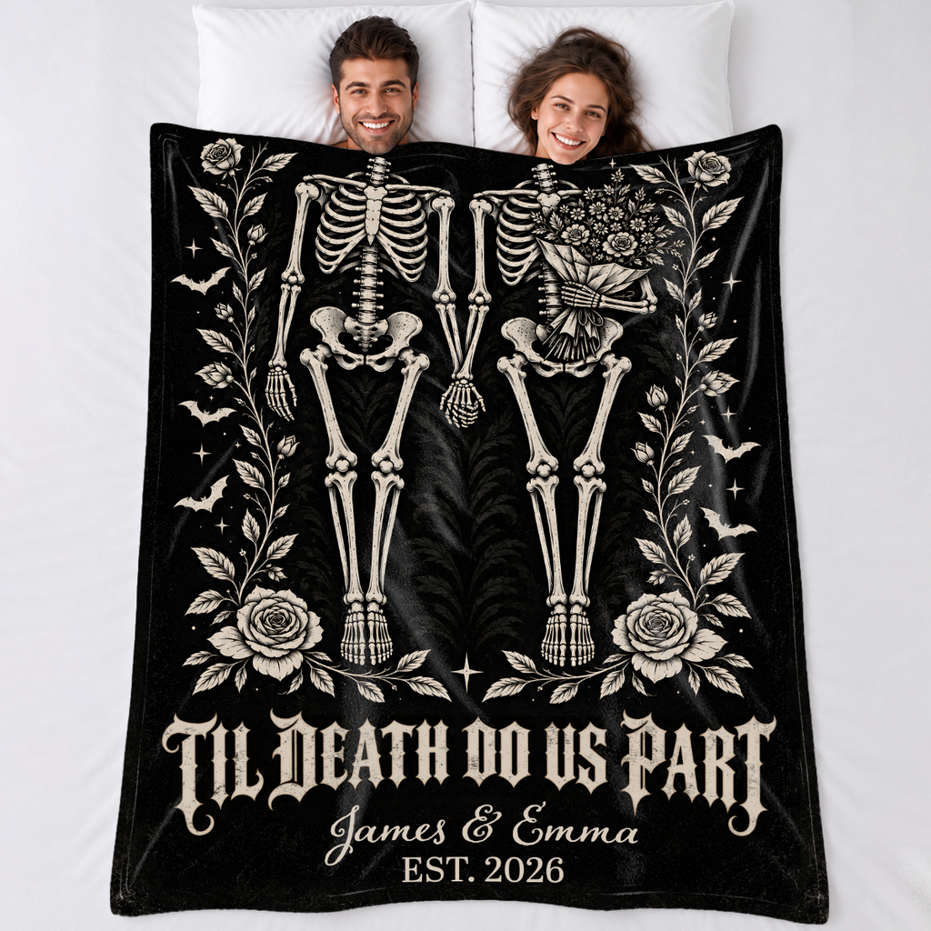 Til Death Do Us Part Skeleton Couple Blanket – Gothic Wedding Personalized Throw, Dark Romantic Gift for Couple