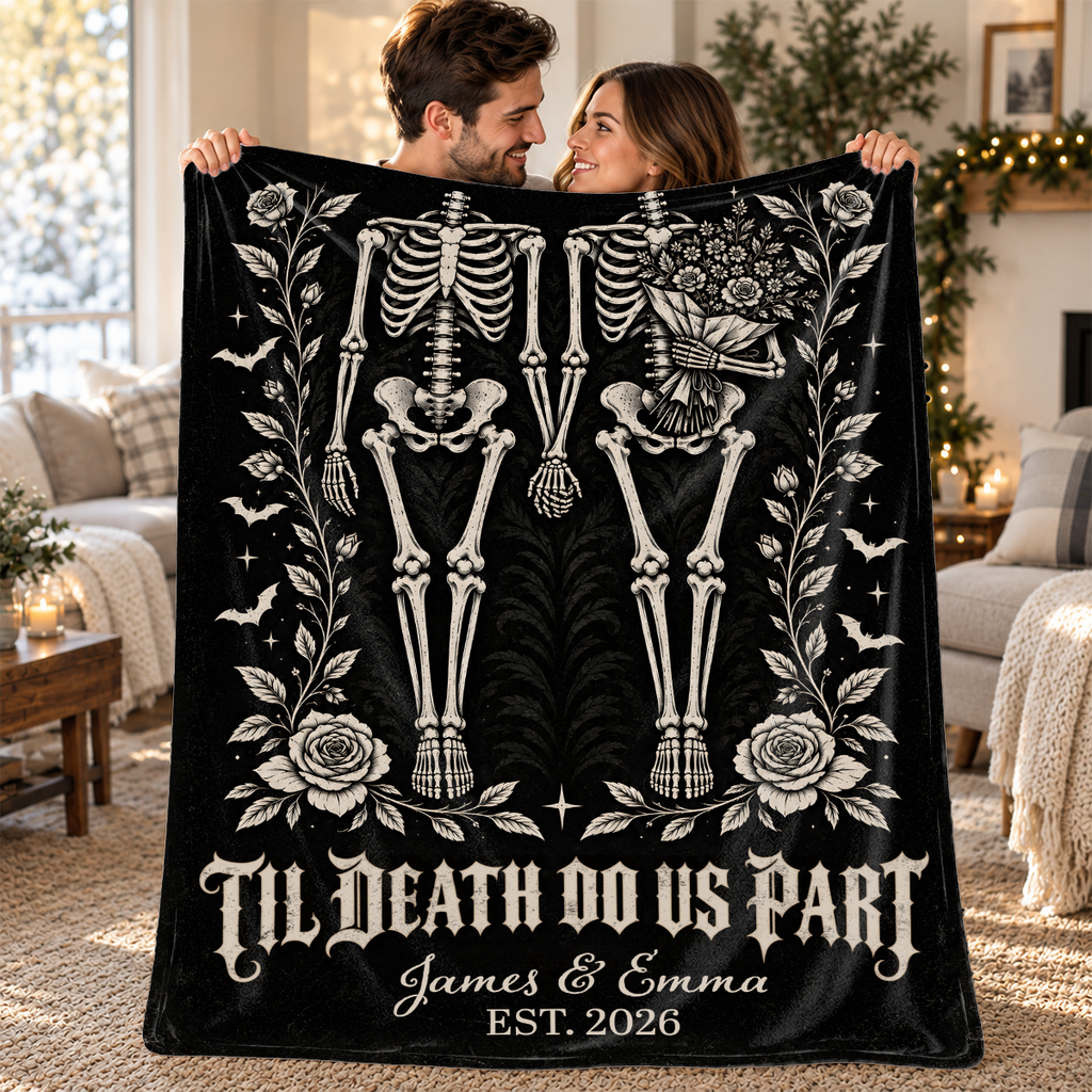 Til Death Do Us Part Skeleton Couple Blanket – Gothic Wedding Personalized Throw, Dark Romantic Gift for Couple