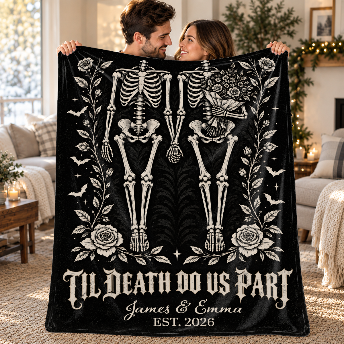 Til Death Do Us Part Skeleton Couple Blanket – Gothic Wedding Personalized Throw, Dark Romantic Gift for Couple