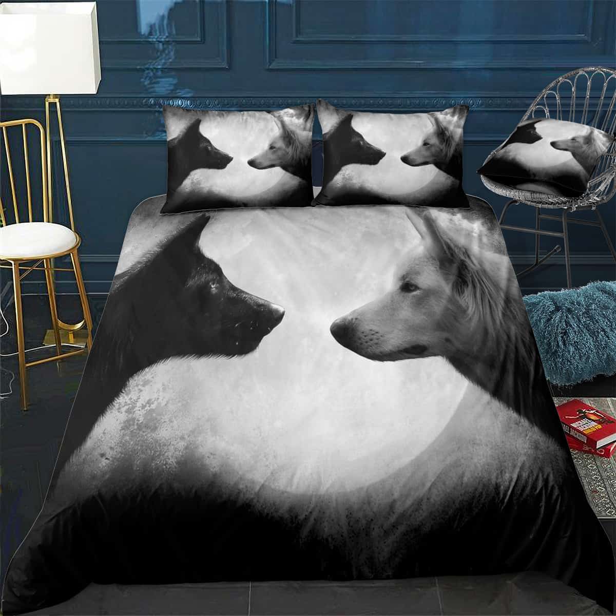 black wolf vs white wolf Bedding Set (Duvet Cover & Pillow Shams)