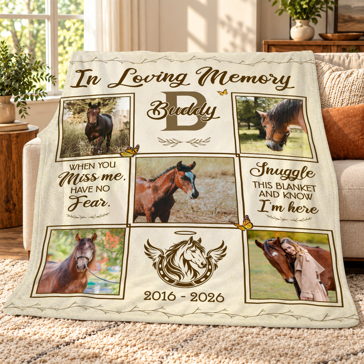 Horse Memorial Photo Blanket, Custom Horse Photo Collage Blanket, Horse Loss Remembrance Gift, Pet Memorial Gift, In Loving Memory Of Horse