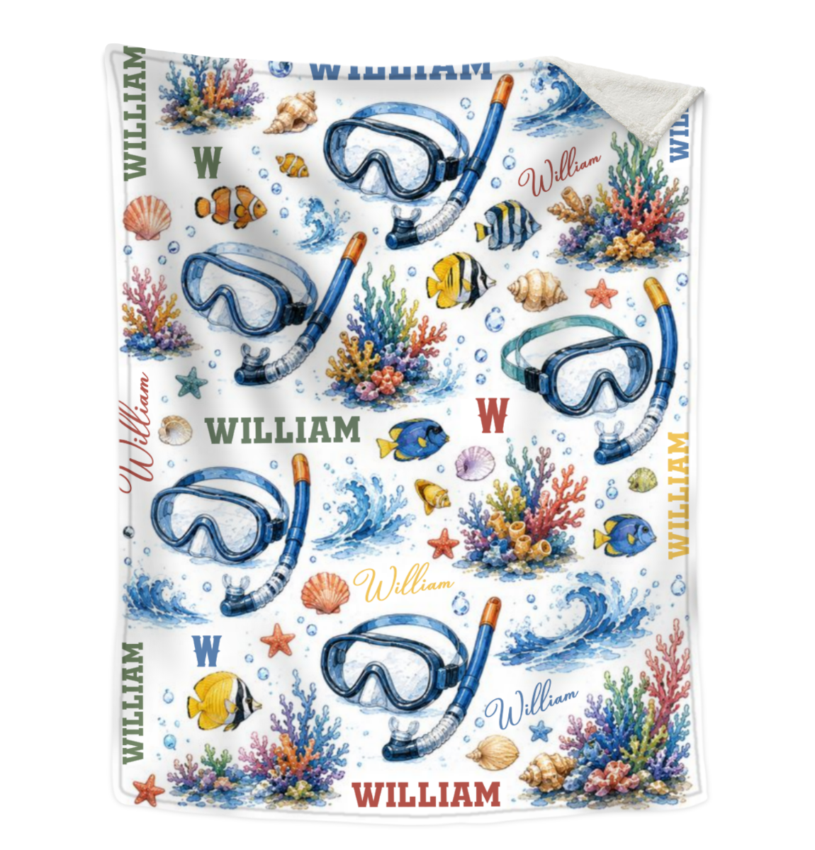 Personalized Snorkeling Blanket, Custom Ocean Name Throw, Scuba Diving Snorkel Blanket for Kids Adult, Sea Life Beach Sherpa Blanket