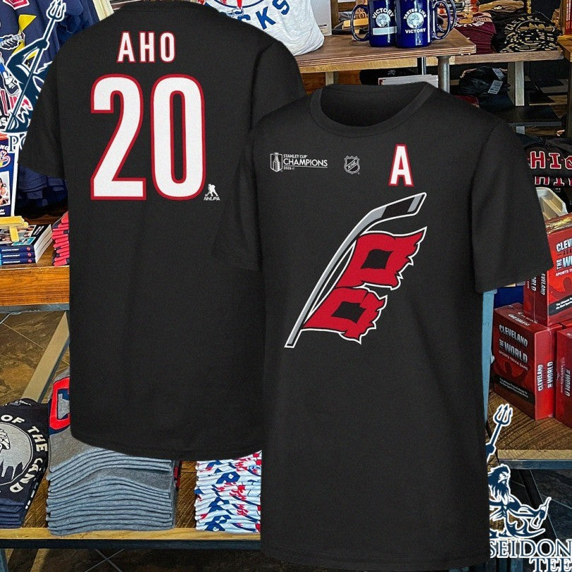 Carolina Hurricanes Sebastian Aho Outerstuff Black 2026 Stanley Cup Champions Name & Number T-shirt
