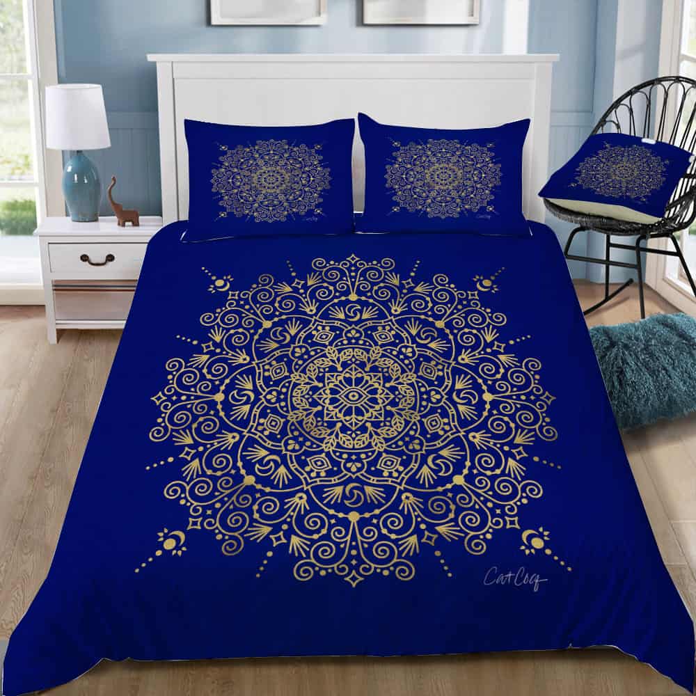 Moroccan Mandala Gold Navy Bedding Set (Duvet Cover & Pillow Shams)