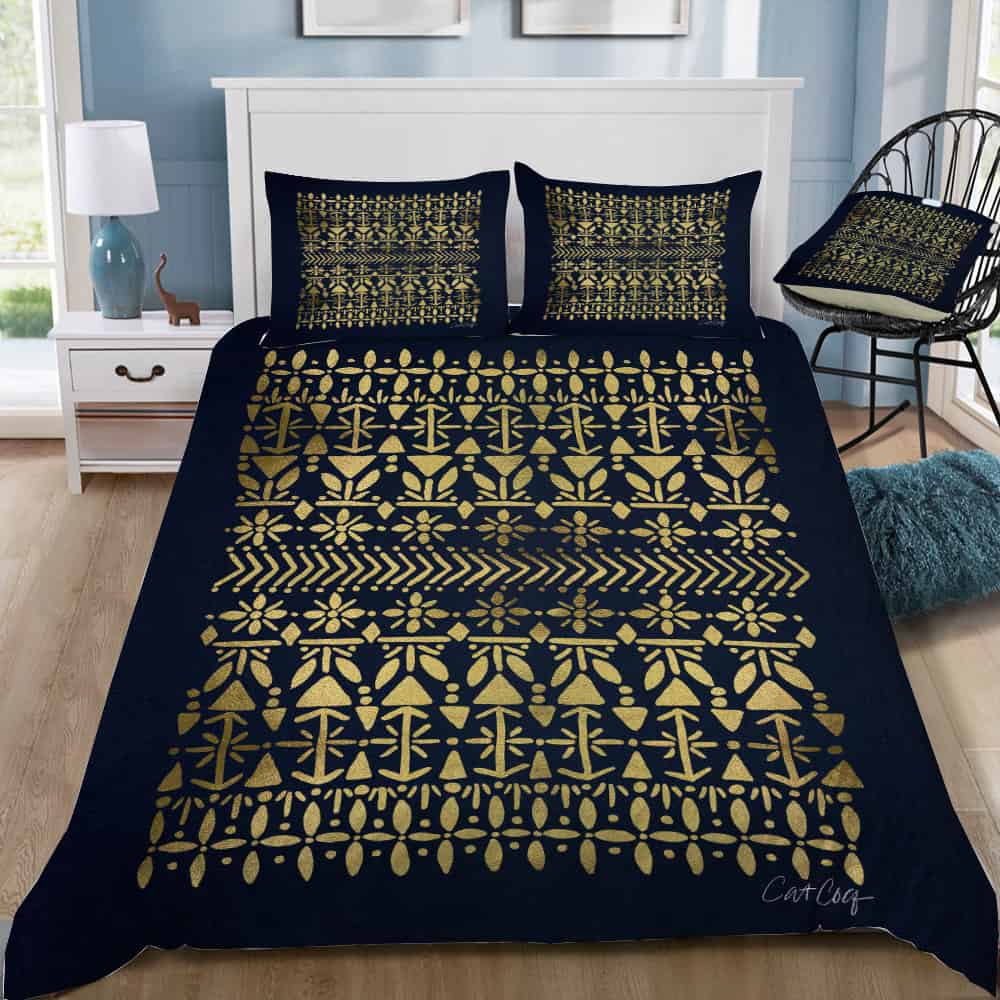Norwegian Pattern Navy Gold Bedding Set (Duvet Cover & Pillow Shams)