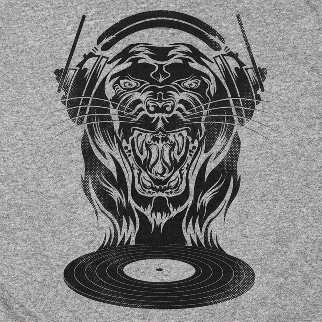 Cat Scratch Fever Roaring Lion DJ with Headphones and Vinyl Record