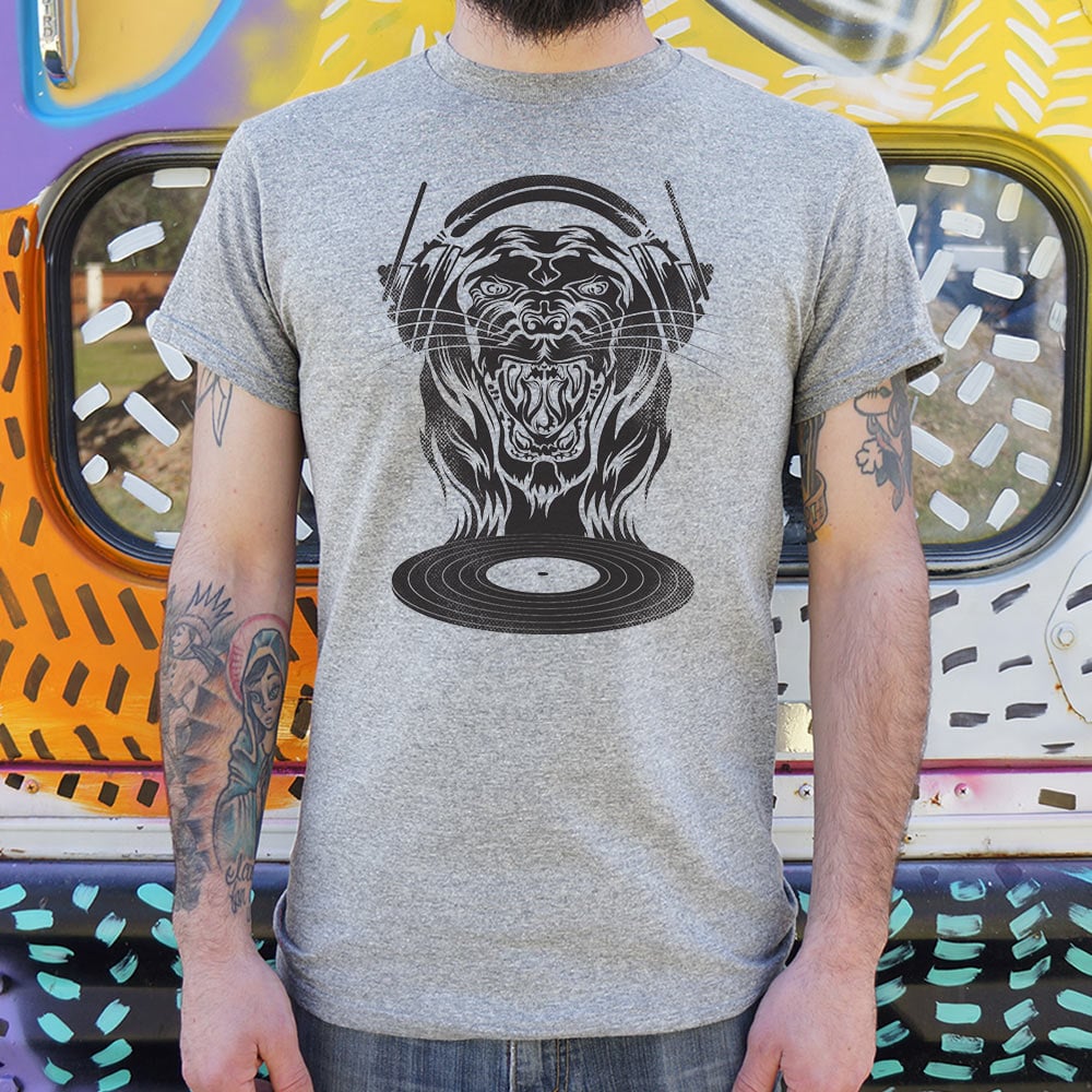 Cat Scratch Fever Roaring Lion DJ with Headphones and Vinyl Record