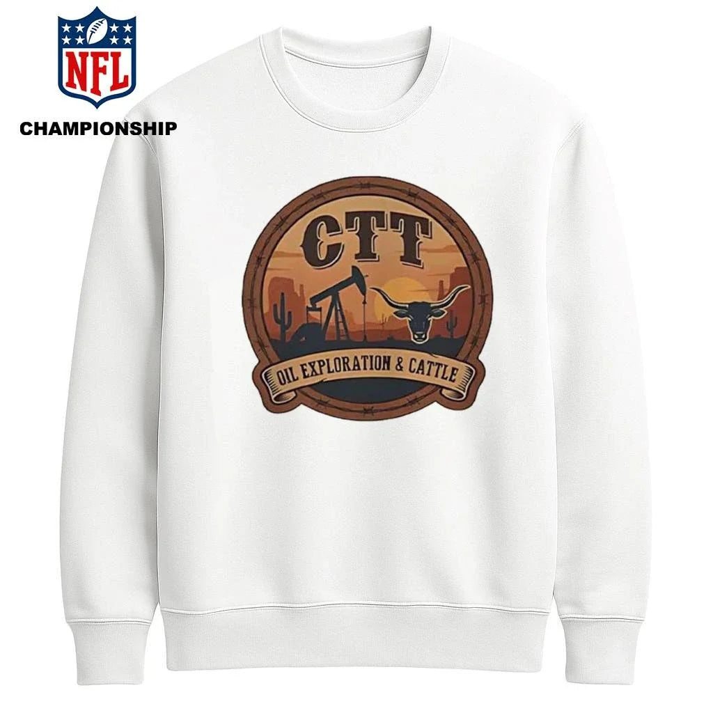 CTT Oil Exploration and Cattle Sunset Badge Texas Oil Rig Longhorn Shirt