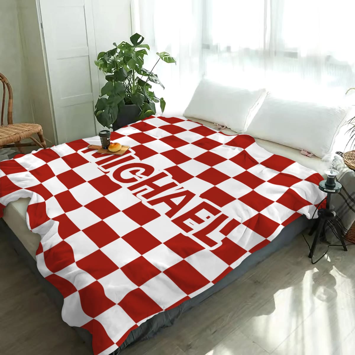 Custom Name Checkerboard Blanket, Personalized Throw Blanket, Name Blanket, Teen Boy Gift, Personalized Checker Design Blanket