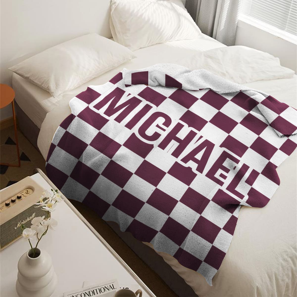 Custom Name Checkerboard Blanket, Personalized Throw Blanket, Name Blanket, Teen Boy Gift, Personalized Checker Design Blanket