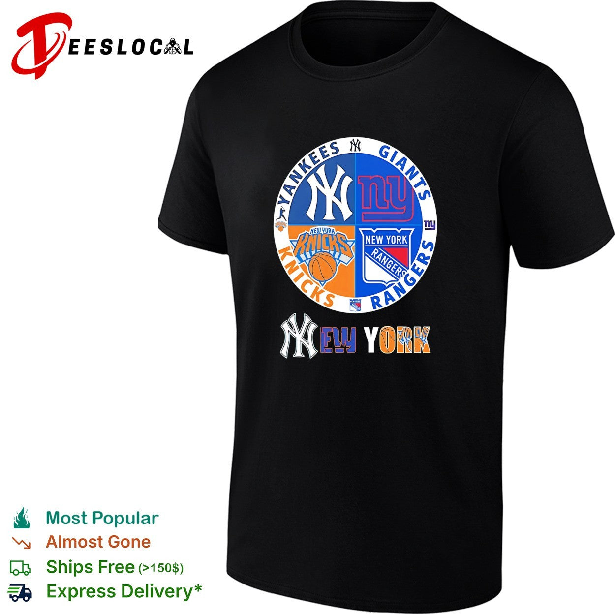 New York Yankees Giants Knicks Rangers four teams circle logo shirt