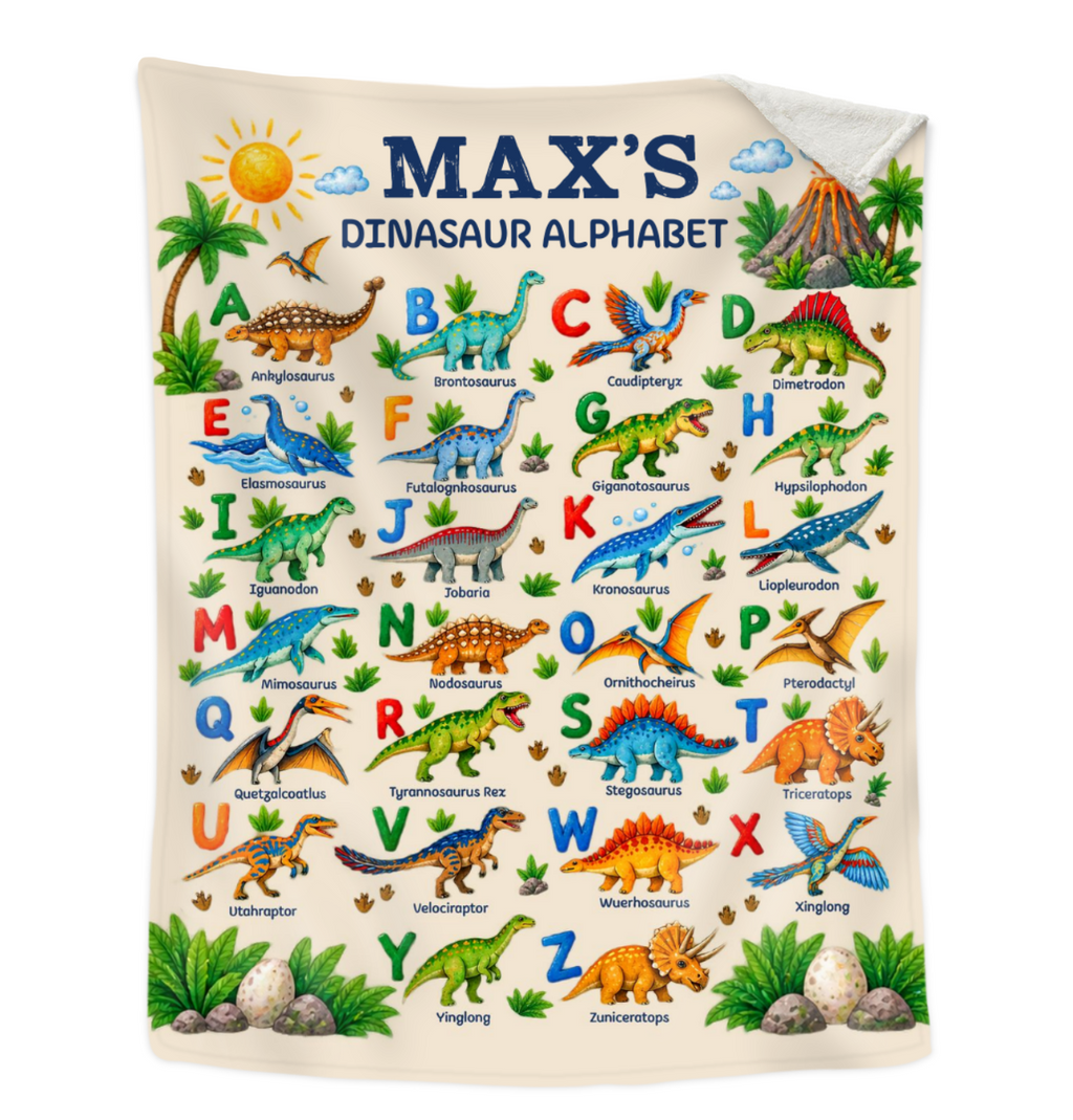 Personalized Dinosaur Alphabet Blanket For Kids, Custom Name Blanket, Educational Dino Throw Blanket, Toddler Boys Girls Gift