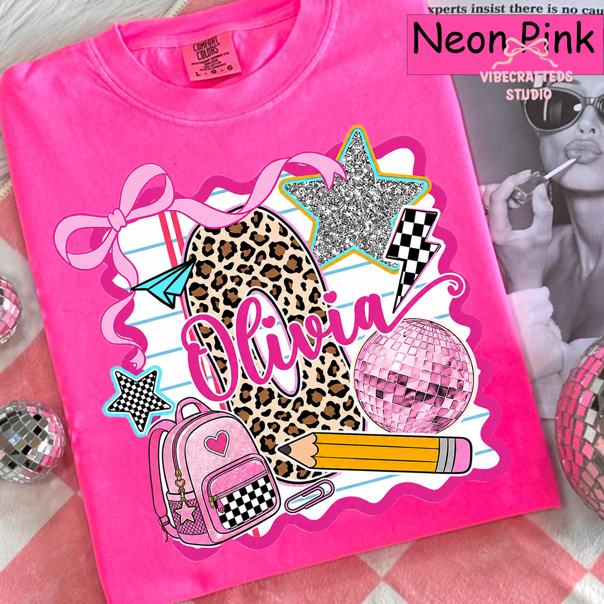 Custom Name Leopard Initial Comfort Colors Back School Girl Tee Coquette Bow Pencil Backpack Custom Student (1)