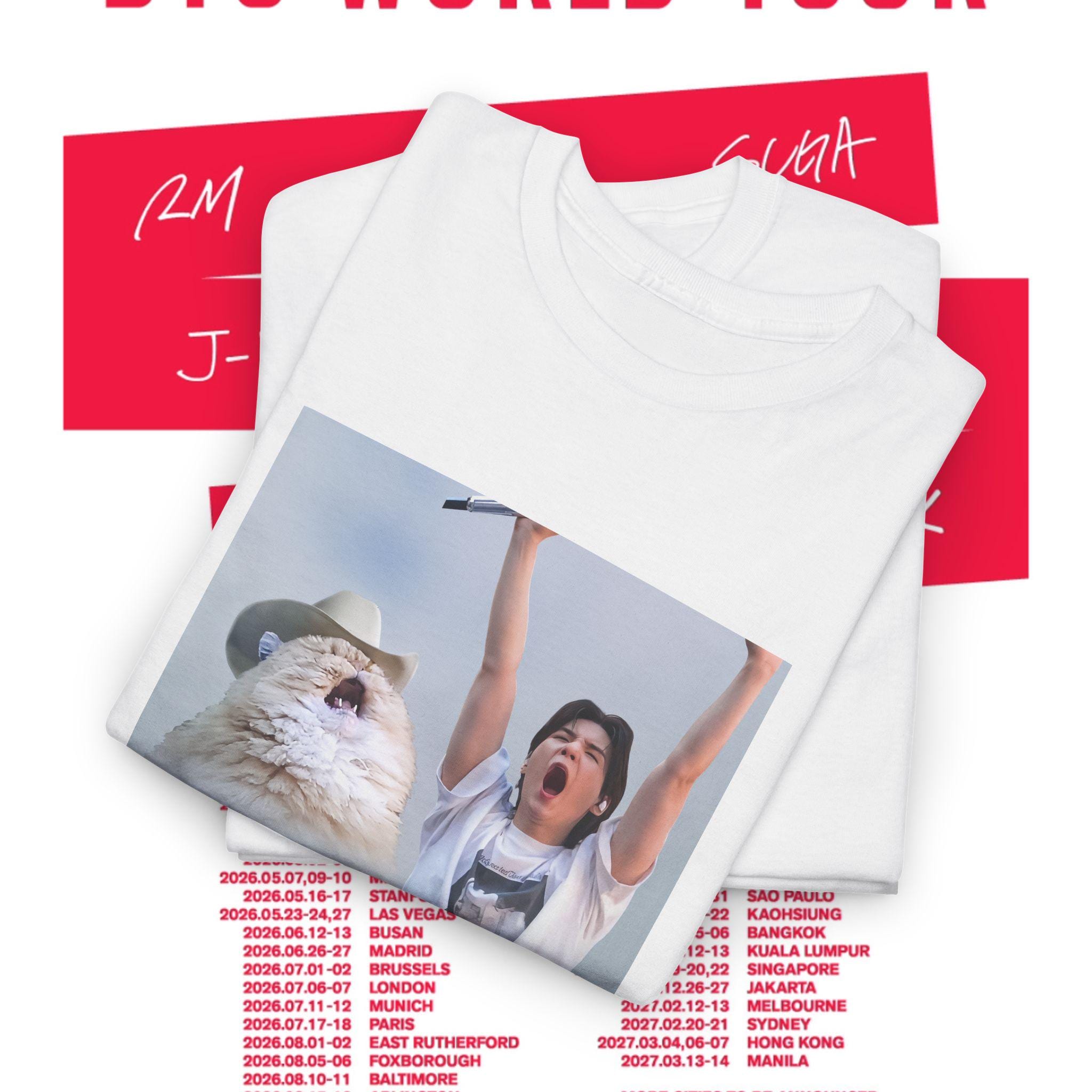 Yoongi Yawn Cat White Heavy Tee Bangtan Kpop Concert World Tour Merch 2026 (2)
