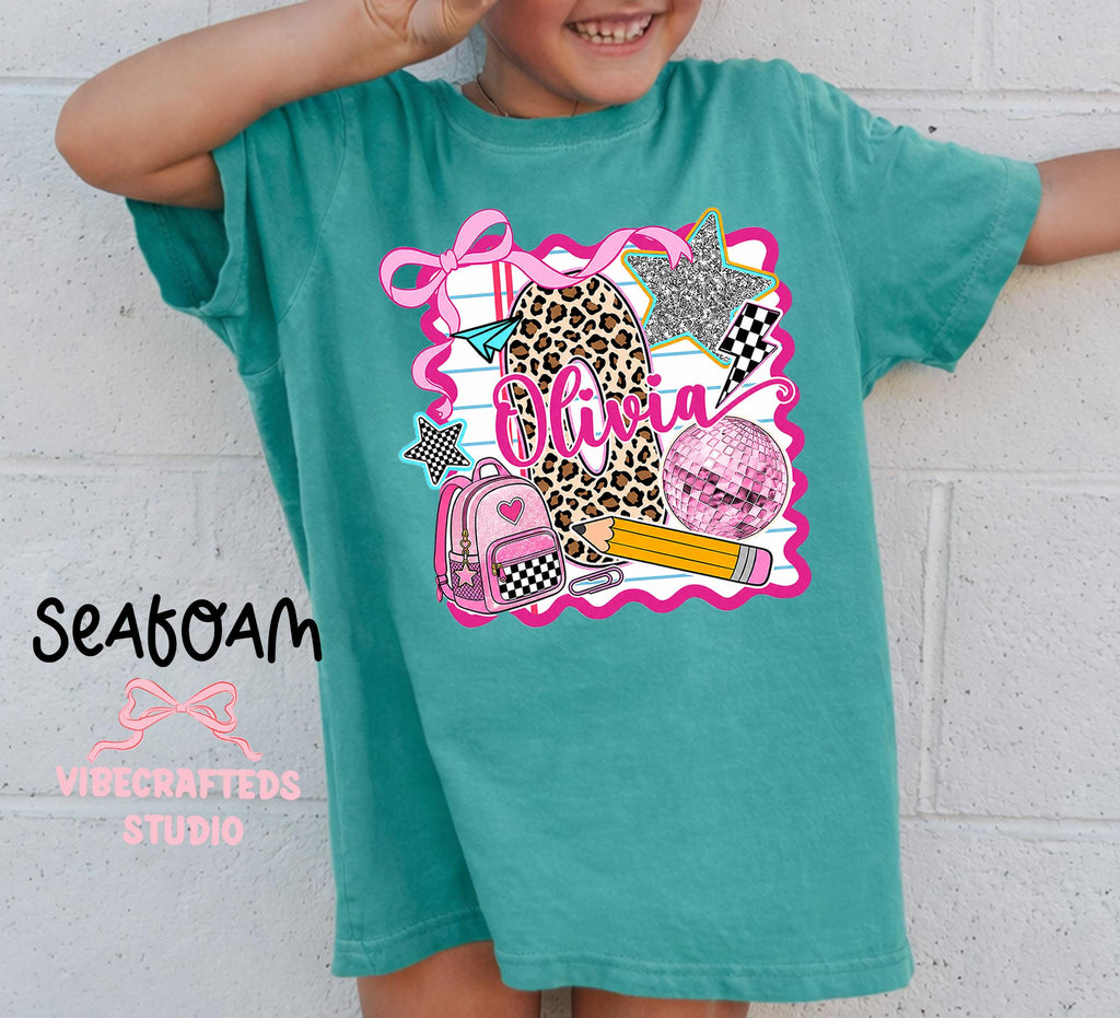 Custom Name Leopard Initial Comfort Colors Back School Girl Tee Coquette Bow Pencil Backpack Custom Student (2)