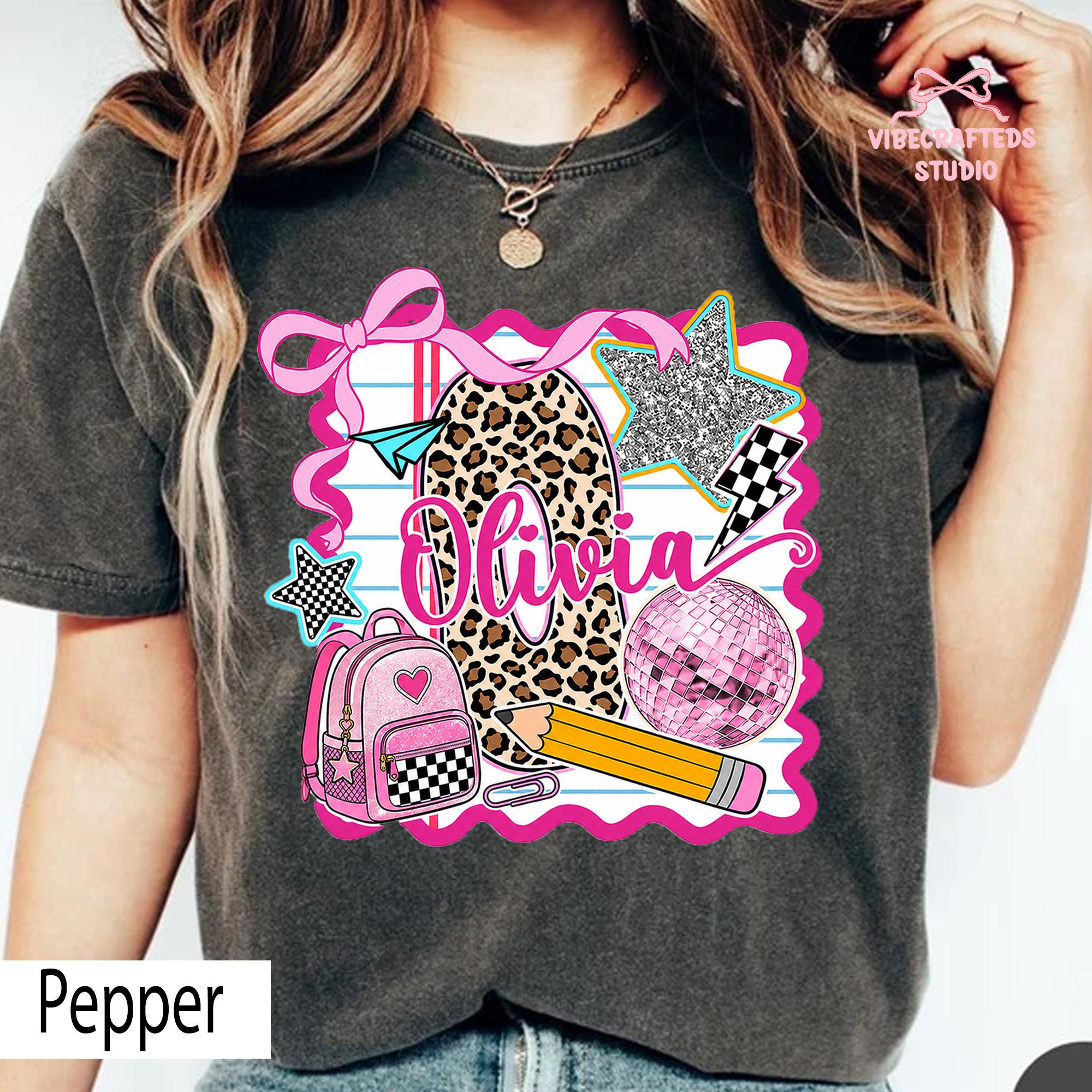 Custom Name Leopard Initial Comfort Colors Back School Girl Tee Coquette Bow Pencil Backpack Custom Student (3)
