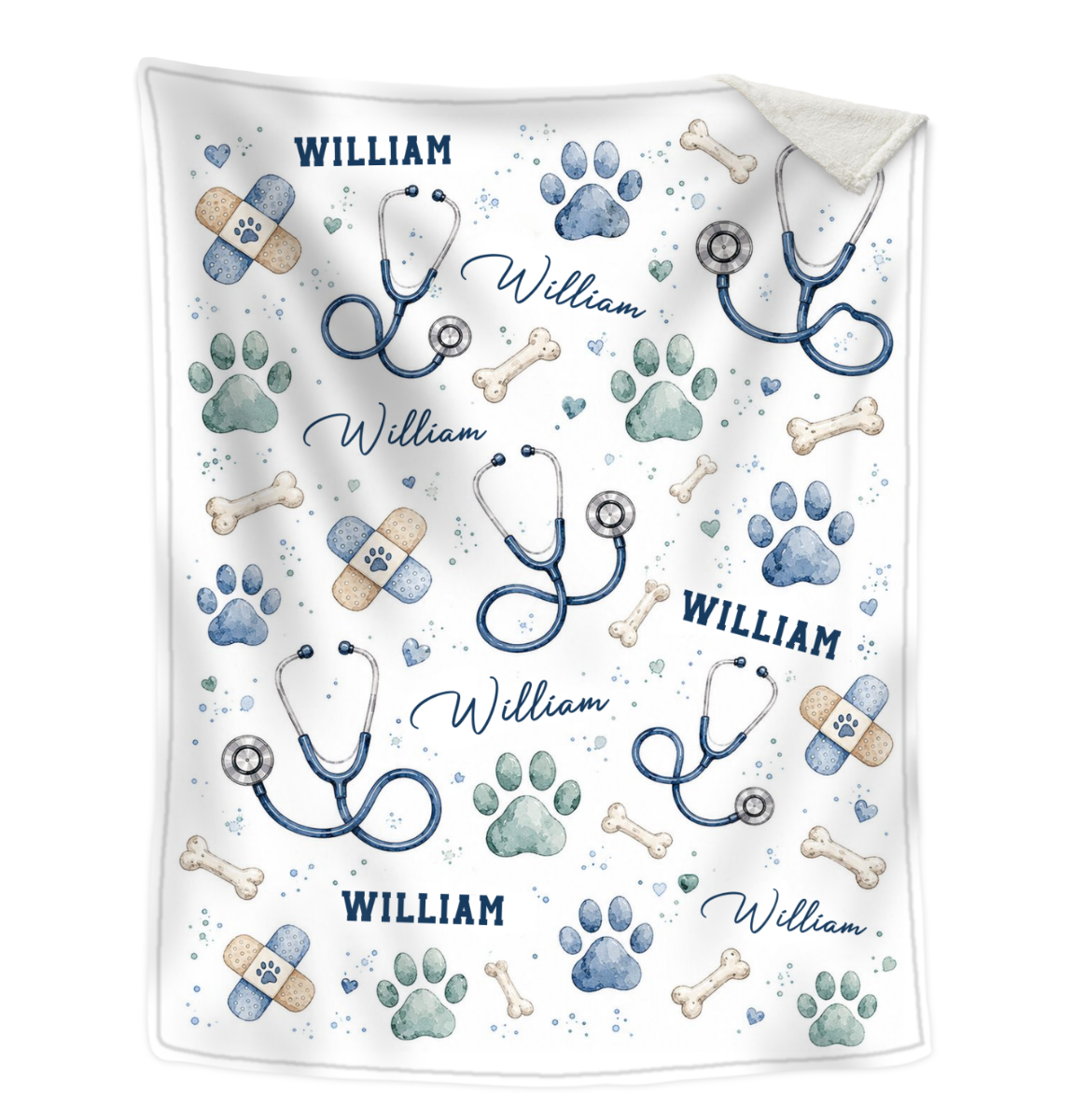 Personalized Veterinarian Blanket, Custom Vet Tech Gift, Watercolor Paw Print Stethoscope Throw, Vet Assistant Vet Tech Graduation Gift