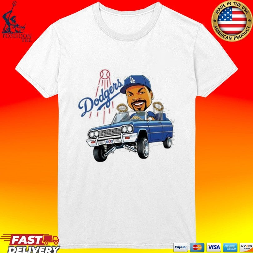 Fan Wearing LA Dodgers Ice Cube Bobblehead Cartoon Driving Car T-shirt