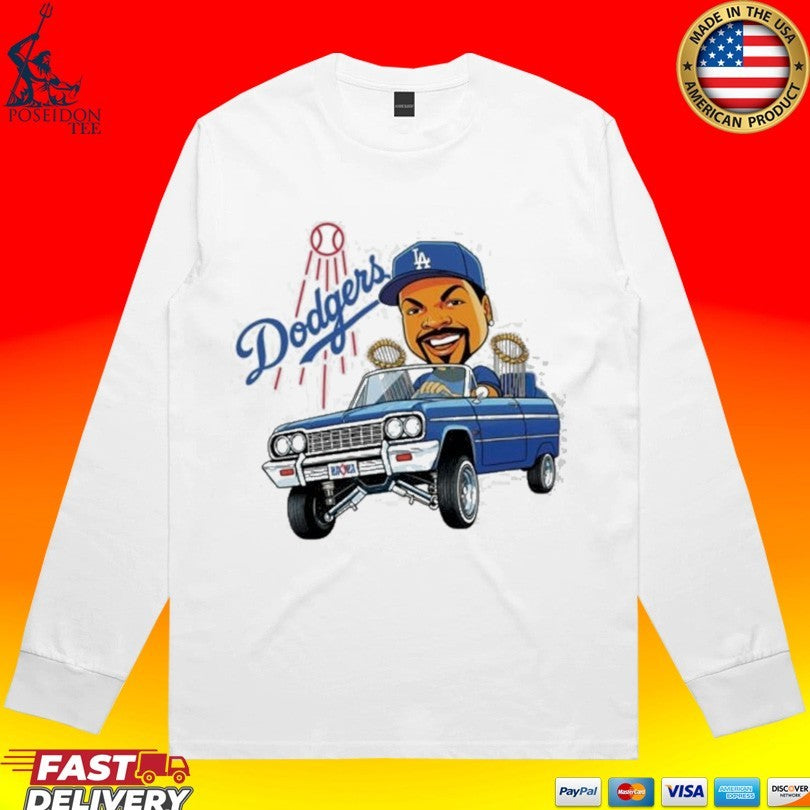 Fan Wearing LA Dodgers Ice Cube Bobblehead Cartoon Driving Car T-shirt