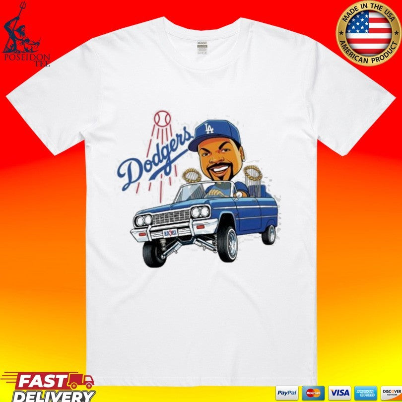 Fan Wearing LA Dodgers Ice Cube Bobblehead Cartoon Driving Car T-shirt