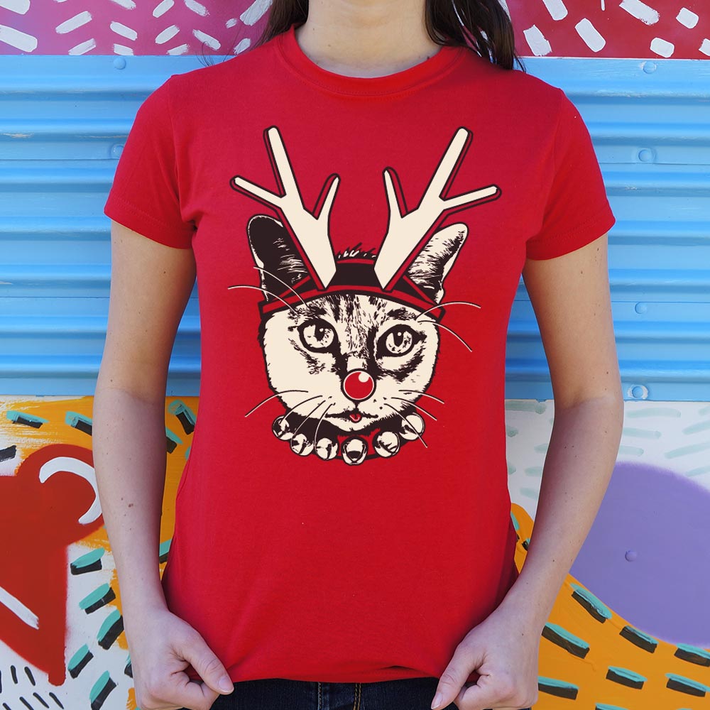 Feline Reindeer Cat with Antlers and Red Nose