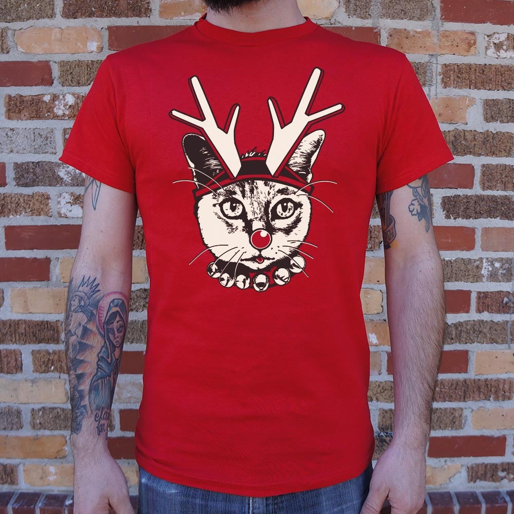 Feline Reindeer Cat with Antlers and Red Nose