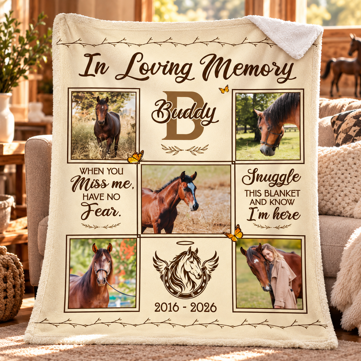 Horse Memorial Photo Blanket, Custom Horse Photo Collage Blanket, Horse Loss Remembrance Gift, Pet Memorial Gift, In Loving Memory Of Horse